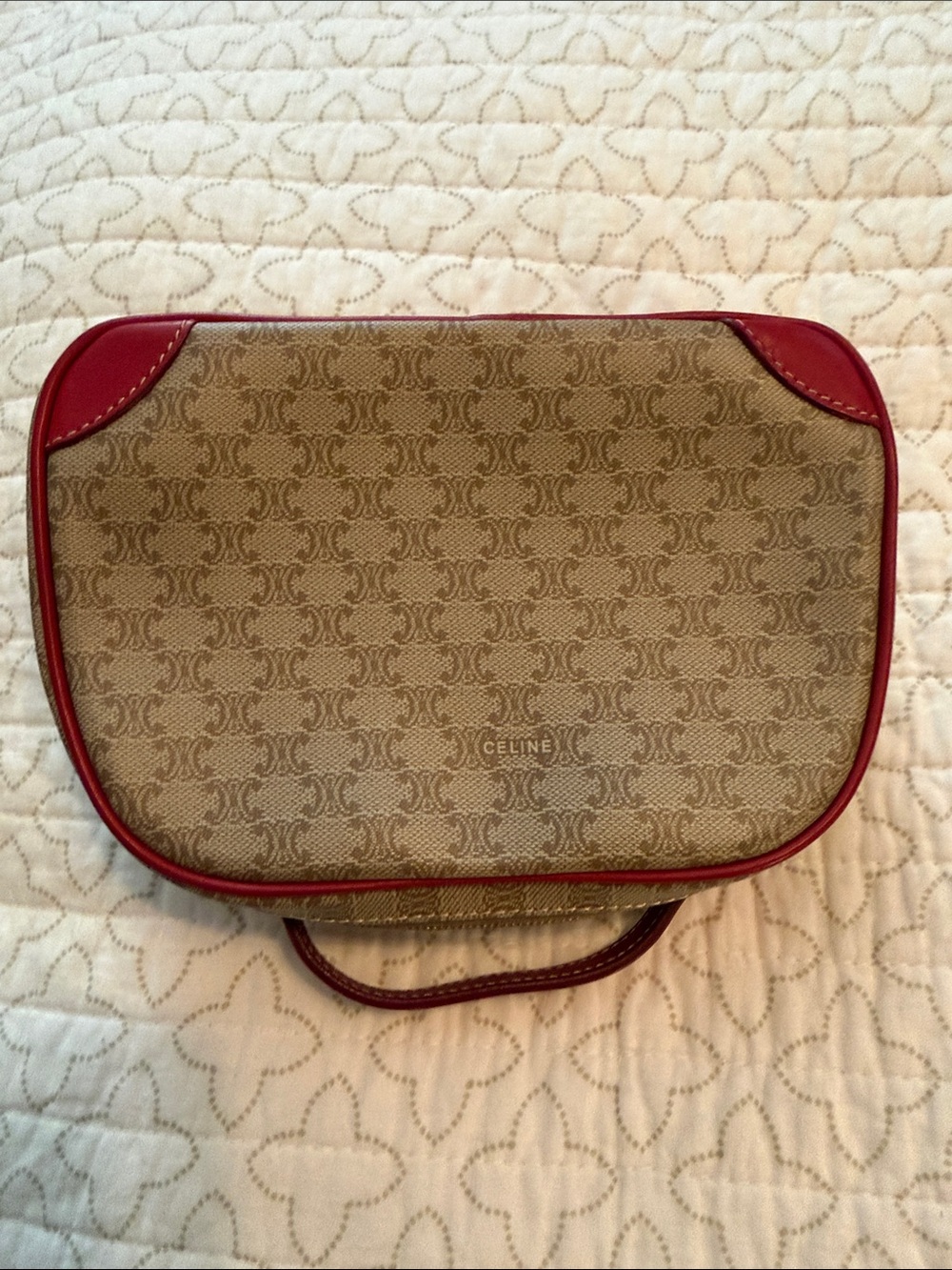 Celine Beige Monogram Cosmetic Case with Red Trim